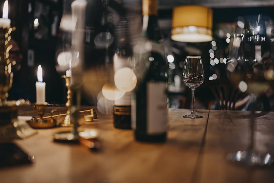 Hospitality presentation reference — restaurant table glassware and wine service