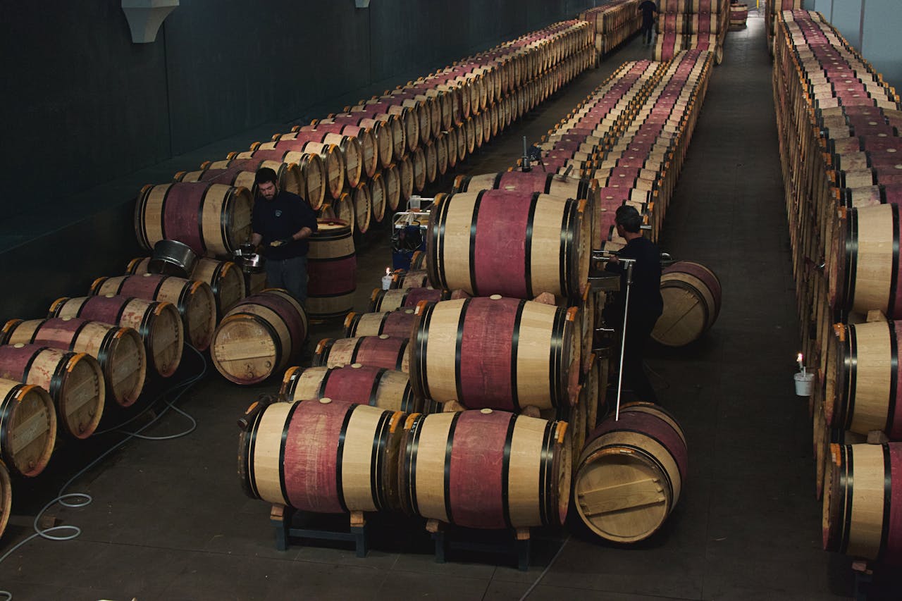 Home Aerial view of a wine cellar with oak barrels in Margaux, France, showcasing wine production.