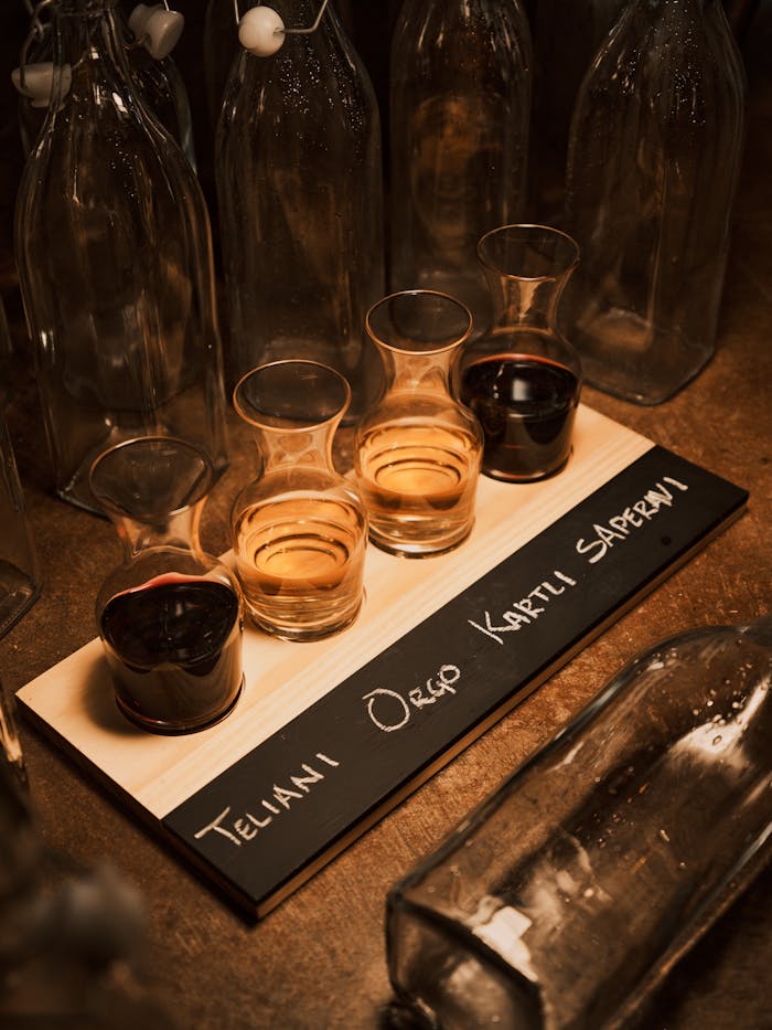 A diverse assortment of wine samples in mini glasses, elegantly displayed on a wooden board.