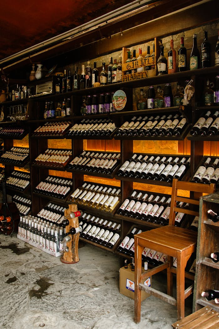 Home Warm, rustic wine cellar showcasing rows of diverse wine bottles perfect for enthusiasts.