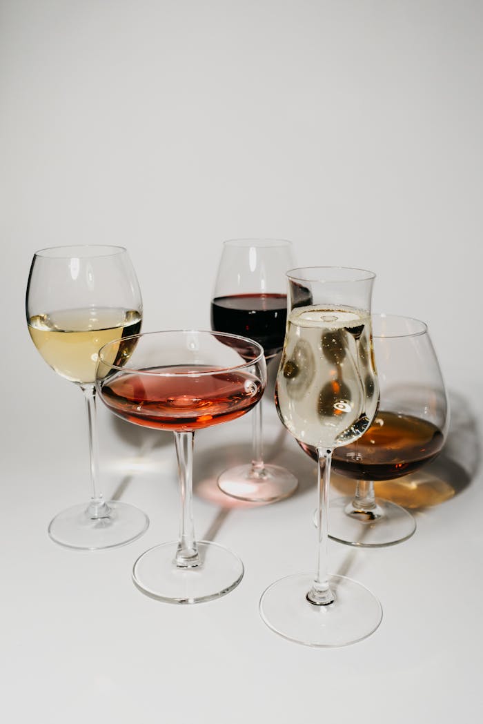 Home A stylish arrangement of red, white, and sparkling wines in different glass shapes.